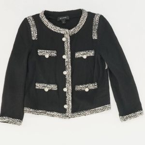 NEW St John black boucle knit white trim silver button sweater pocket cardigan 8